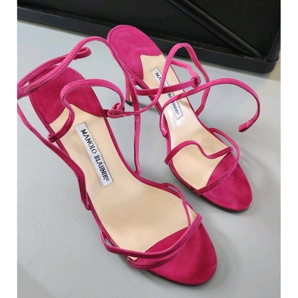 Manolo Blahnik Shoes - Manolo Blahnik Pink Suede Lace-Up Stiletto Sandals Strappy Wrap Heels Size 38/8